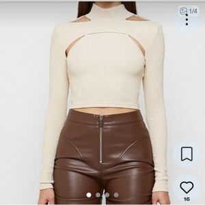 Women's Cream Cutout Ribbed Long-Sleeve Crop Top